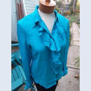 Blouse: Silk, azure, ruffled, flared cuff. Size 10 - by Ralph Lauren